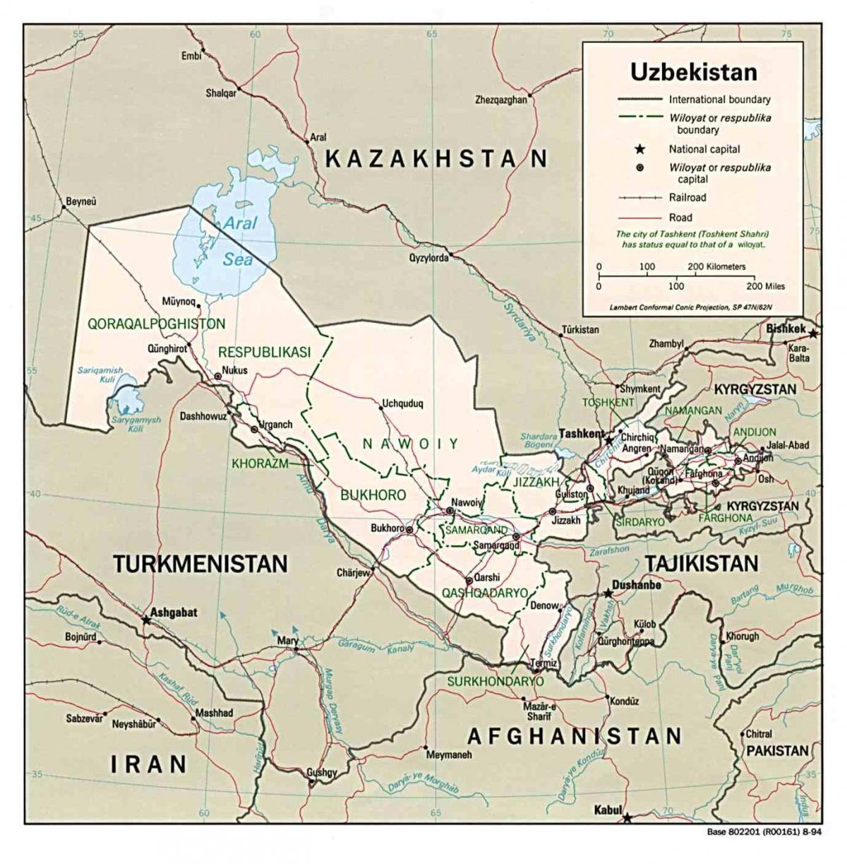 kaart Uzbekistan omliggende lande