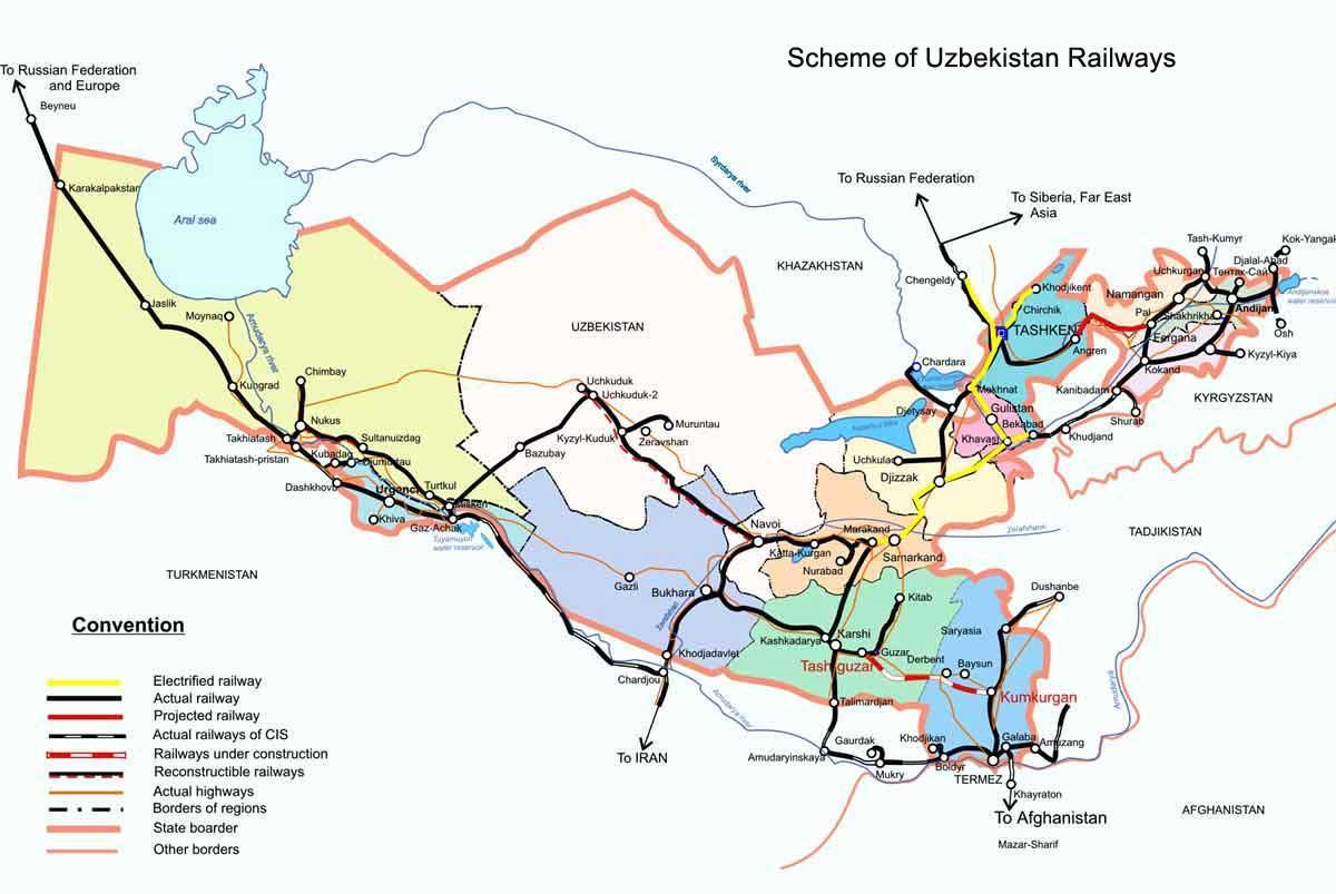 Uzbekistan spoorweg-kaart